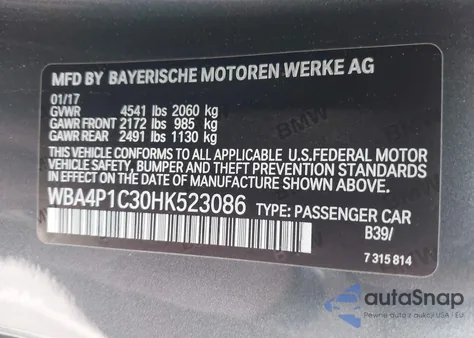 2017 BMW 440I from USA, damaged, VIN WBA4P1C30HK523086